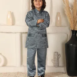 P-MARK Satin Woven Full Sleeves Floral Embroidered Sequins Embellished Jodhpuri Coat & Pant Set - Blue-image-36