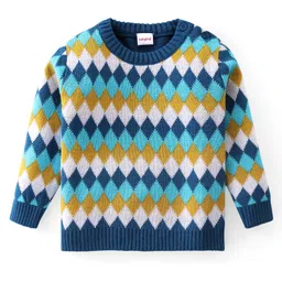 Babyhug Knit Full Sleeves Pullover Sweater & Pant Set Argyle Design - Multicolor image 2