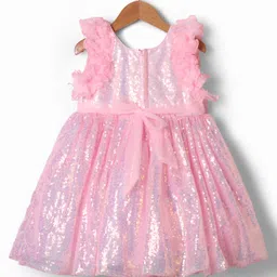 Babyhug Woven Sleeveless Flare Party Dress with Bow & Sequinned Applique - Pink image 2