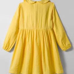 kookie kids india Kookie Kids Cotton Woven Full Sleeves Solid Schiffli Collar Front Open Full Sleeves Gauz Dress - Yellow image 2