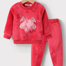 Kookie Kids Full Sleeves Top & Lounge Pants Set With Sequins & Floral Applique Solid Color - Red image 3