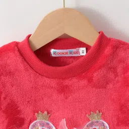 Kookie Kids Full Sleeves Top & Lounge Pants Set With Sequins & Floral Applique Solid Color - Red image 4