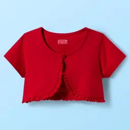 Babyhug Cotton Woven Half Sleeves Frock & Shrug With Floral Print & Frill Detailing - Red & White image 3
