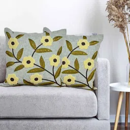 Vinayaka Fab Grey And Green 2 Pieces Embroidered Linen Square Cushion Covers-picture-20