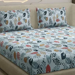 Monte Carlo Blue & Red Floral Printed Cotton 104 TC Queen Bedsheet Set 2.24 cm x 2.54 cm-image-44