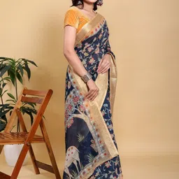 Suraj pari singh Floral Woven Design Zari Pure Linen Saree With Blouse Piece image 3
