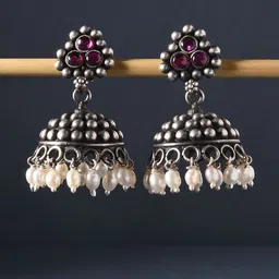 JAYPORE Silver-Plated Dome Shaped Artificial Beaded Contemporary Jhumkas-picture-40