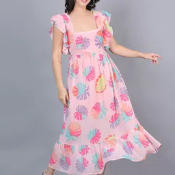 ROSEMELON Tropical Print Flared Sleeve Georgette Fit & Flare Maxi Dress image 3