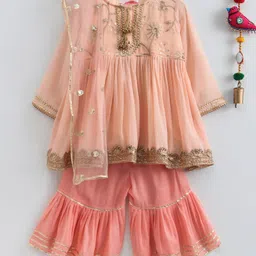 Little Bansi Gota Lace Work Full Sleeves Kurta With Sharara & Dupatta - Peach-picture-16
