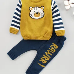 Babyhug Full Sleeves Sweater & Bottom Tiger Embroidery - Yellow Navy Blue-picture-22