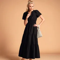DressBerry Women's Black Solid Poly Cotton Ankle Length Dress-picture-13