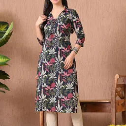 Anouk Rustic Floral Printed Shirt Collar Pure Cotton Straight Kurta-image-7