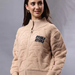 GFO Women Woollen Stylish camel Quilted Zip-Up Jacket Sweaters-picture-33