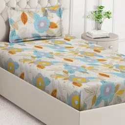 Arrabi Multicoloured & Blue Floral 350 TC Single Bedsheet with 1 Pillow Covers image 5