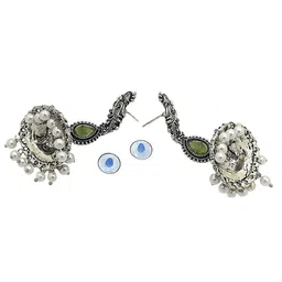FEMMIBELLA Silver-Plated Artificial Stones Studded & Pearls Beaded Dome Oxidised Jhumkas image 2