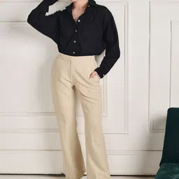 DELAN Women Striped High-Rise Easy Wash Trousers-picture-34