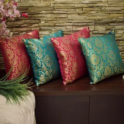 RoyalDeco Green & Pink 4 Pieces Embroidered Brocade Silk Square Cushion Covers image 5