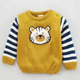 Babyhug Full Sleeves Sweater & Bottom Tiger Embroidery - Yellow Navy Blue image 2