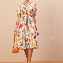 Antheaa Women Floral Print Puff Sleeve Chiffon A-Line Midi Dress-picture-20