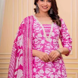 Terizla Women Floral Printed Regular Pure Cotton Kurta with Trousers & With Dupatta image 3