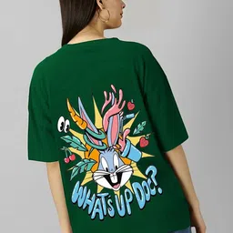 kintu parantu Women Bugs Bunny Graphic Printed Round Neck Cotton Oversized T-shirt-image-92