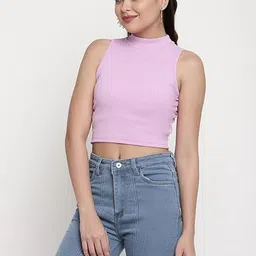 Realglimpse Women Ribbed High Neck Sleeveless Crop Top-picture-10