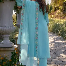 Indo Era Women Floral Embroidered Regular Thread Work Pure Cotton Kurta with Trousers & With Dupatta image 3