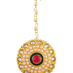 MEMOIR Gold Plated Stone Studded & Beaded Bindi Borla Brass Maang Tikka-picture-21