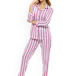 Lotik Women Striped Pure Cotton Lapel Collar Night suit-picture-10