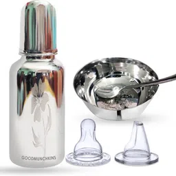 goodmunchkins Stainless Steel Feeding Bottle / Baby Feeding Cup with Feeding Spoon - 304 Grade Stainless Steel Feeding Bottle with Anti Colic Silicone Teats image 1