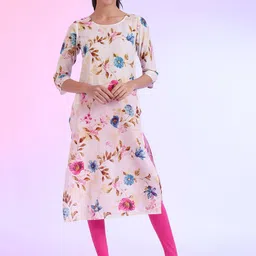 AURELIA Floral Printed Round Neck Pure Cotton Straight Kurta-image-42