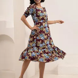 DressBerry Women Floral Printed Puff Sleeve Fit & Flare Dress image 3