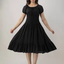 Colorful Collection Women Solid Puff Sleeve Fit & Flare Midi Dress-image-25