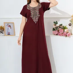 EASY MOM Women Floral Embroidered Round Neck Maxi Nightdress-picture-24