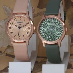 VIRAKTI Women Set Of 2 Leather Straps Analogue Watch F-74-CREAM-GREEN-COMBO-picture-36