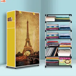 flyup 6 Shelf Foldable Collapsible Wardrobe Storage Organizer Almirah Cloth Rack PVC Collapsible Wardrobe image 1