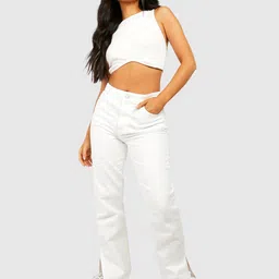 Boohoo Women Petite High Waist Split Hem Cotton Jeans-image-49