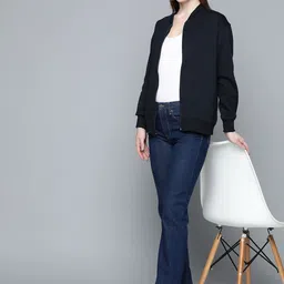 Chemistry Women Black Solid Bomber Collar Fleece Sweatshirt-image-97