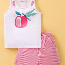 Doreme Single Jersey KnitSleeveless Nightsuit with Apple & Dragon Fly Print - White & Pink-image-58