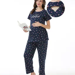 Bella Mama Cotton Knit Half Sleeves Nursing Night Suit Fruit Print - Navy Blue-picture-12