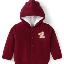 Babyhug Knitted Full Sleeves Front Open Hooded Sweater With Bear Embroidery - Dark Red-picture-22