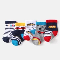 Cute Walk by Babyhug Cotton Knit Anti-Bacterial Ankle Length Car & Stripe Designed Socks Pack of 5 - Grey Blue & Red-picture-31