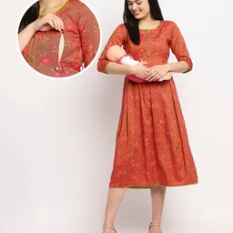 True Shape Three Fourth Sleeves Floral Printed Maternity Kurta With Concealed Zipper Nursing Access - Dark Peach-picture-16