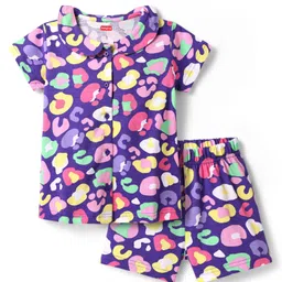 Babyhug Cotton Knit Half Sleeves Peter Pan Collared Co-ords Shorts Night Suit with Abstract Print - Purple-picture-13