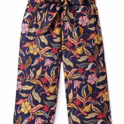 CrayonFlakes Floral Printed Belted Cotton Palazzo - Navy-picture-12