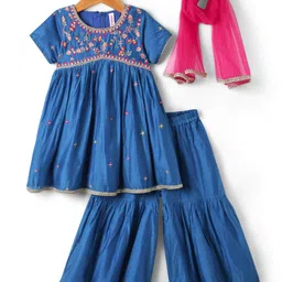 Babyhug Cotton Woven Half Sleeves Kurti Gharara Set with Dupatta & Floral Embroidery with Lace Detailing - Blue & Pink-picture-27