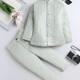 Fourfolds Woven Full Sleeves Sequins Embellished Jodhpuri & Trouser Set - Green-image-74