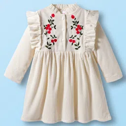 Babyhug Cotton Knit Full Sleeves Frock with Floral Embroidery & Frill Detailing - Offwhite-picture-25