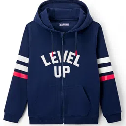 Pine Kids Cotton Knit Full Sleeves Hooded Sweatshirt with Text Patch Detailing - Navy Blue-picture-16