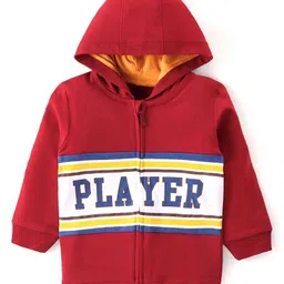 Babyhug Cotton Knit Full Sleeves Text Printed  With Quilting Detailing Hooded Sweatjacket & Front Zipper - Red image 2